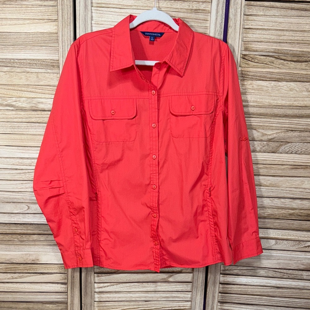 TravelSmith Shirt Red Coral Button-Up Long Sleeve Casual Mens Size L